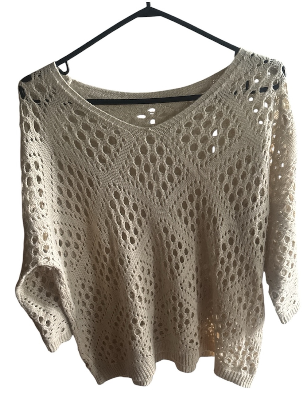 UNBRANDED Women’s Lightweight Beige Open-Knit Crochet V-Neck 3/4 Sleeve Sweater